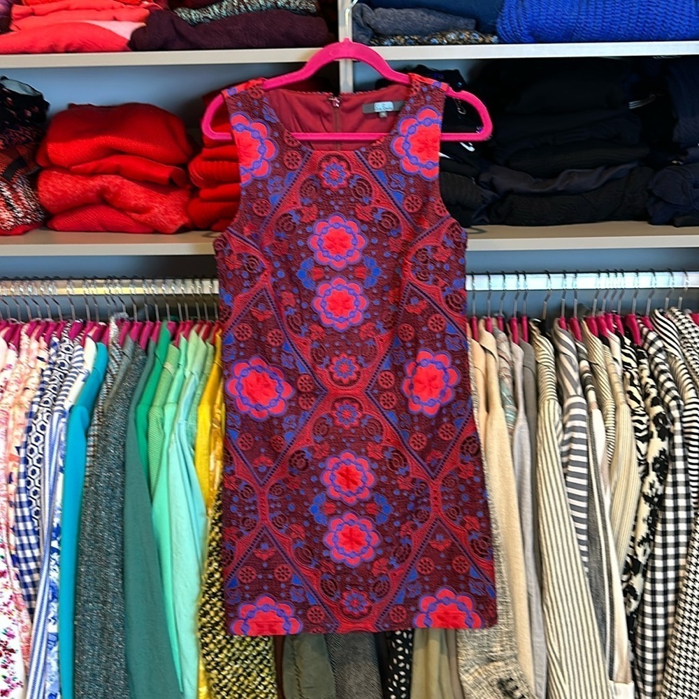 Eva Franco pink/maroon/blue eyelet/embroidered sleeveless dress size 4